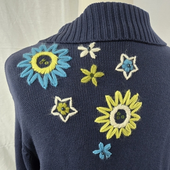 CJ Banks 100% Cotton Navy Blue Floral Embroidered Cardigan Grandmacore - Picture 5 of 8